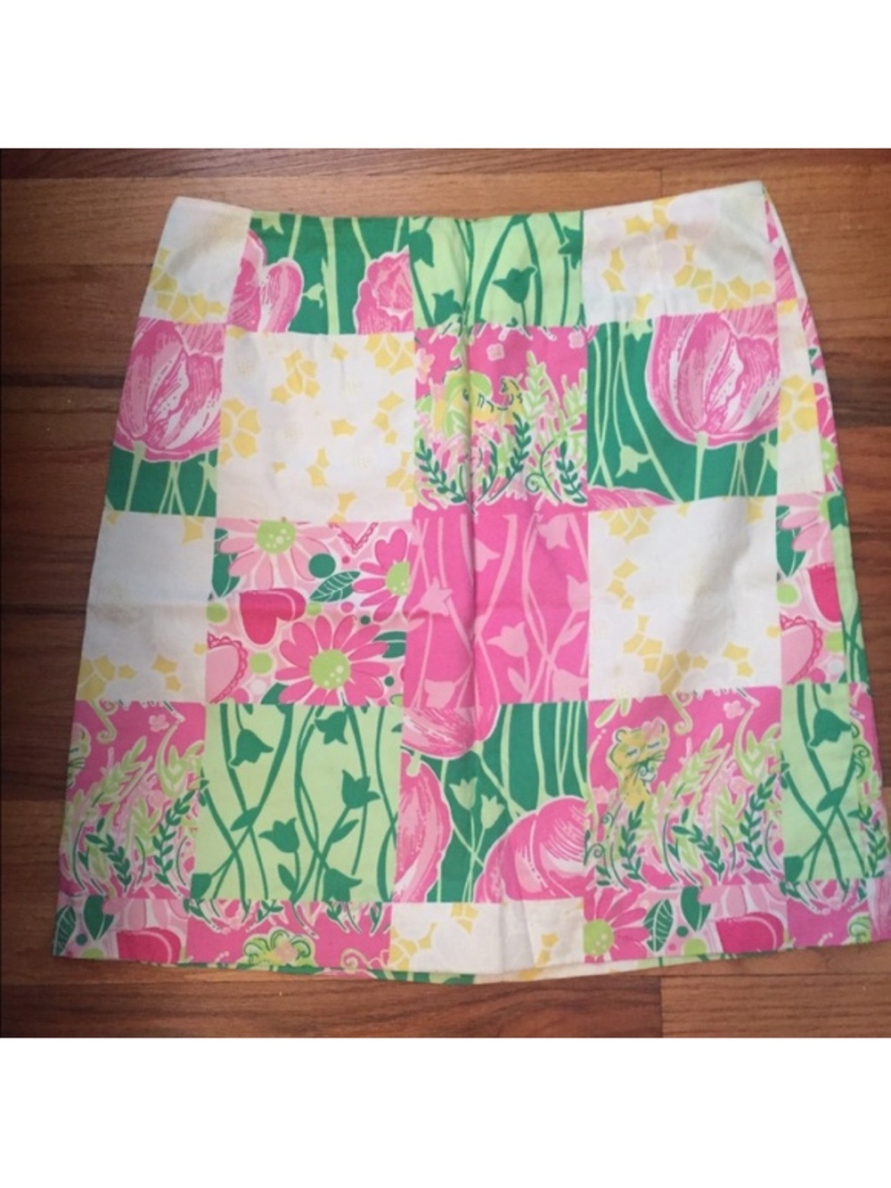 Lilly Pulitzer ~ The Real Real Pink, Green & White Patchwork Mini Skirt Sz 8